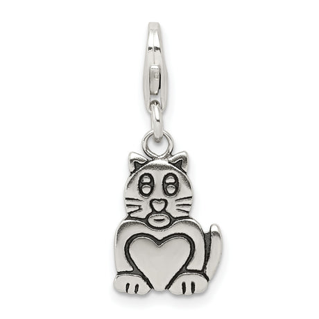 Antiqued Cat Charm Pendant in Real 925 Sterling Silver