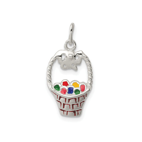 Sterling Silver Easter Basket Charm Pendant with Enamel Eggs and Bow, Christian Holiday Jewelry