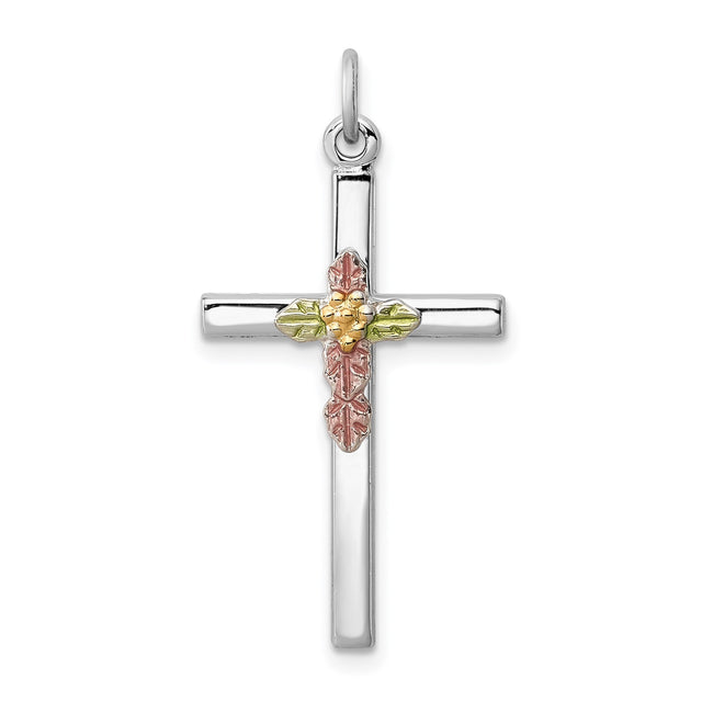 Sterling Silver Cross Pendant with Epoxy Inlay and Tricolor Gold Leaf Design