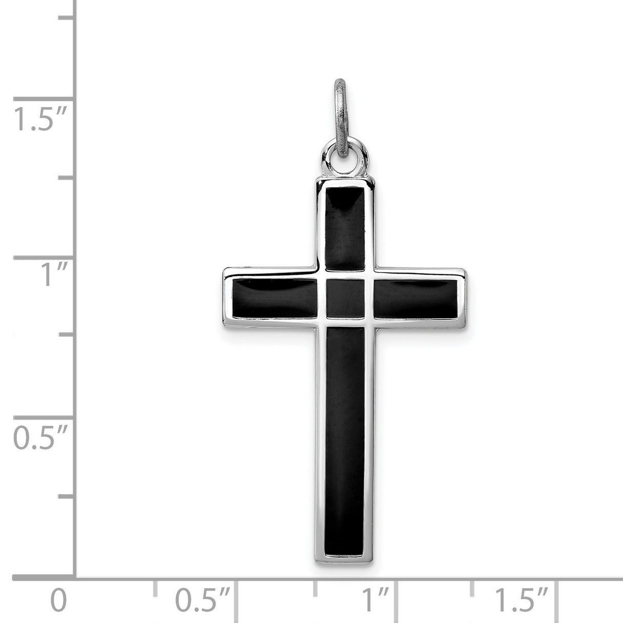 Brshed & Polished Enml Black Cross Charm Pendant in Real 925 Sterling Silver