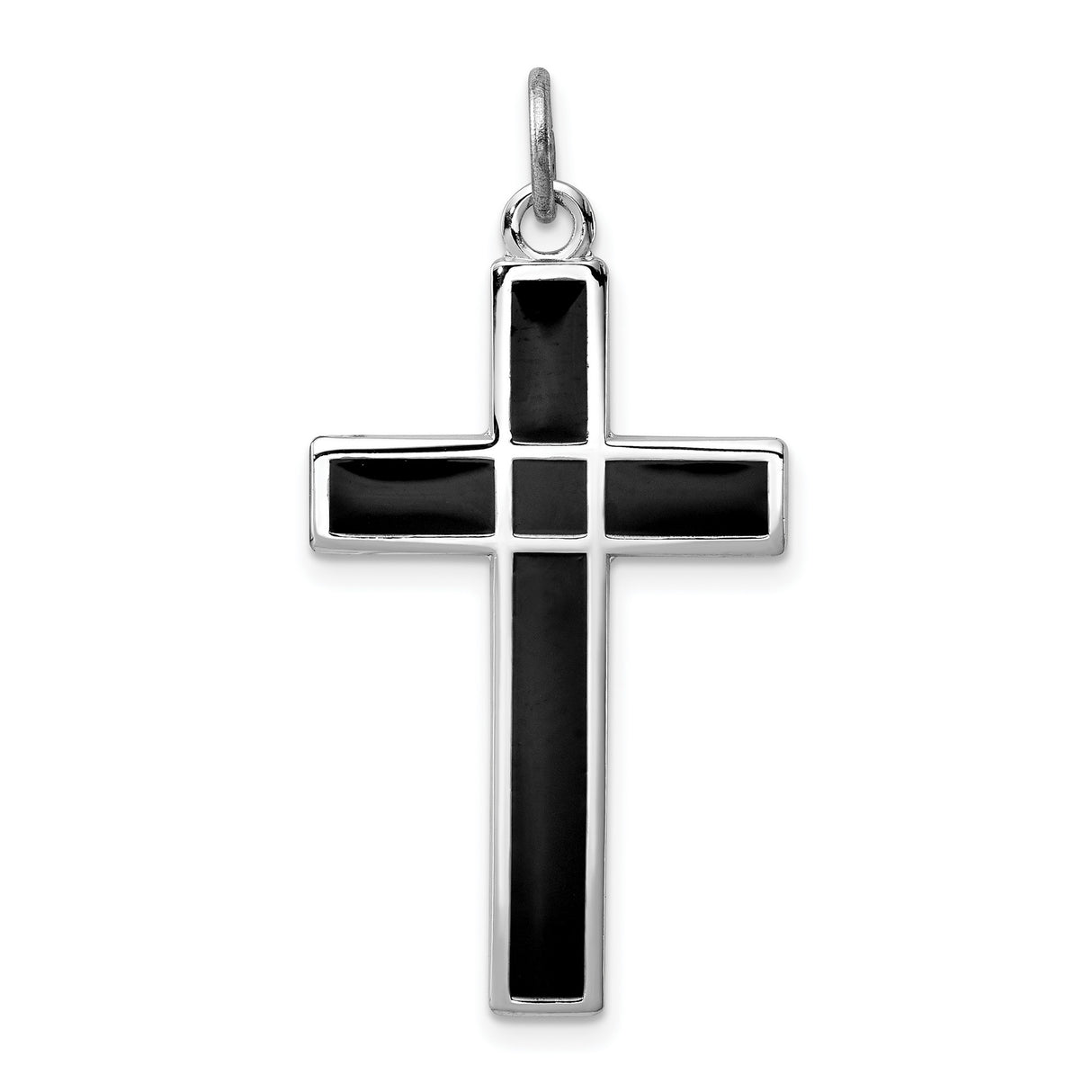 Brshed & Polished Enml Black Cross Charm Pendant in Real 925 Sterling Silver