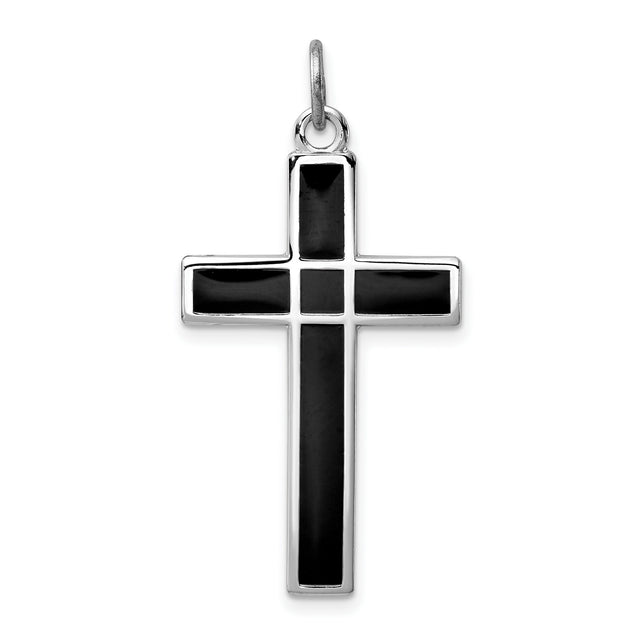 Brshed & Polished Enml Black Cross Charm Pendant in Real 925 Sterling Silver