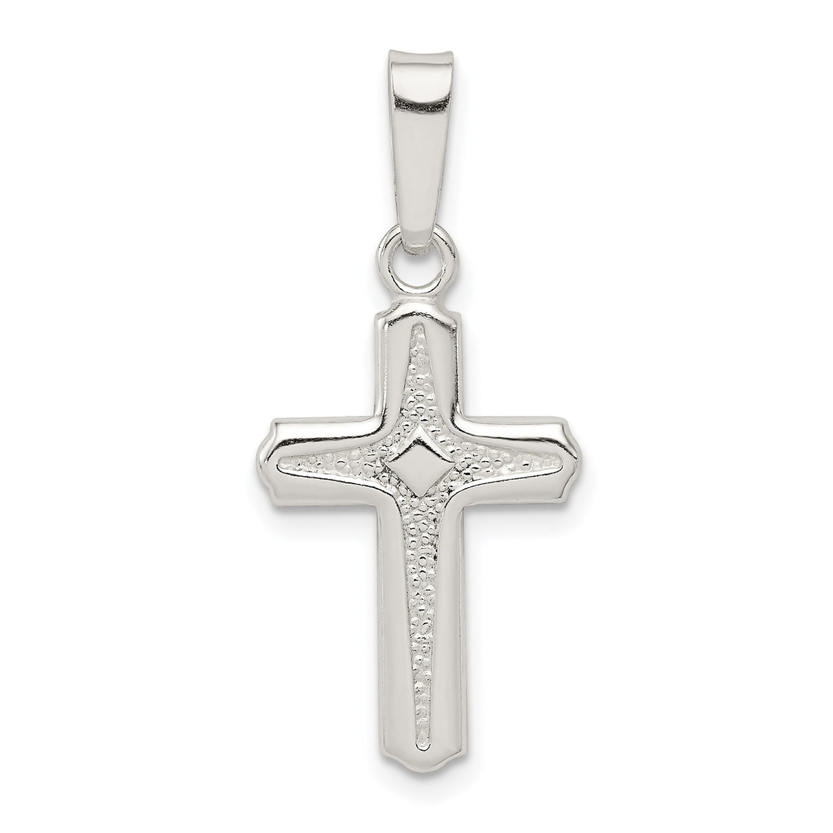 Sterling Silver Cross Pendant with Textured Design and Beveled Edges in Classic Latin Style