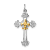 Sterling Silver Cross Pendant with Fleur de Lis, Baroque Style, Gold Plated Accent