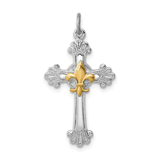 Sterling Silver Cross Pendant with Fleur de Lis, Baroque Style, Gold Plated Accent