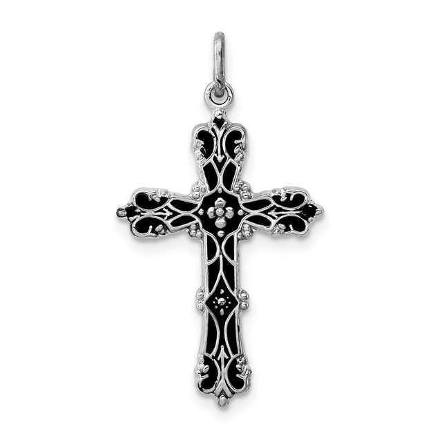 Sterling Silver Cross Pendant with Black Enamel, Gothic Baroque Scrollwork Design