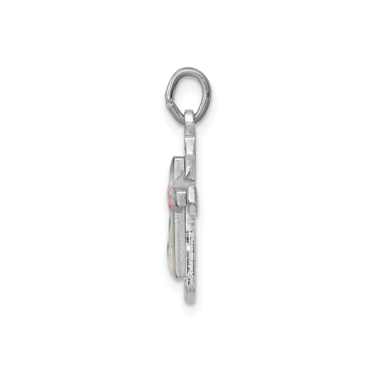 Sterling Silver Cross Pendant with Floral Enamel Design and Ribbon Accent