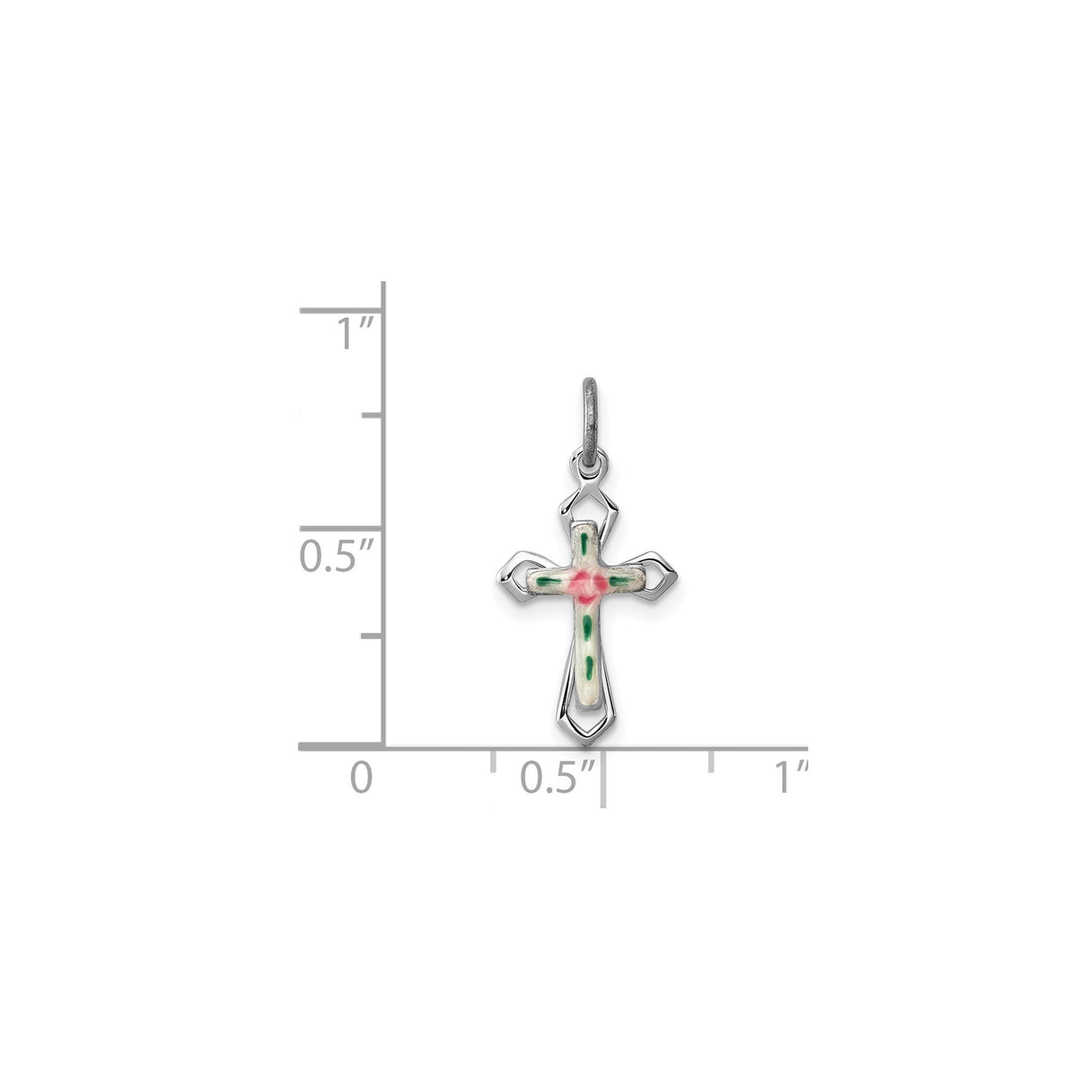 Sterling Silver Cross Pendant with Floral Enamel Design and Ribbon Accent