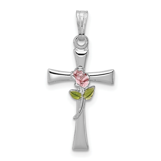 Cross Epoxy Rose Center Charm Pendant in Real 925 Sterling Silver