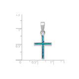 Sterling Silver Cross Pendant with Blue Green Lab Created Opal Inlay, Sleek Spiritual Design