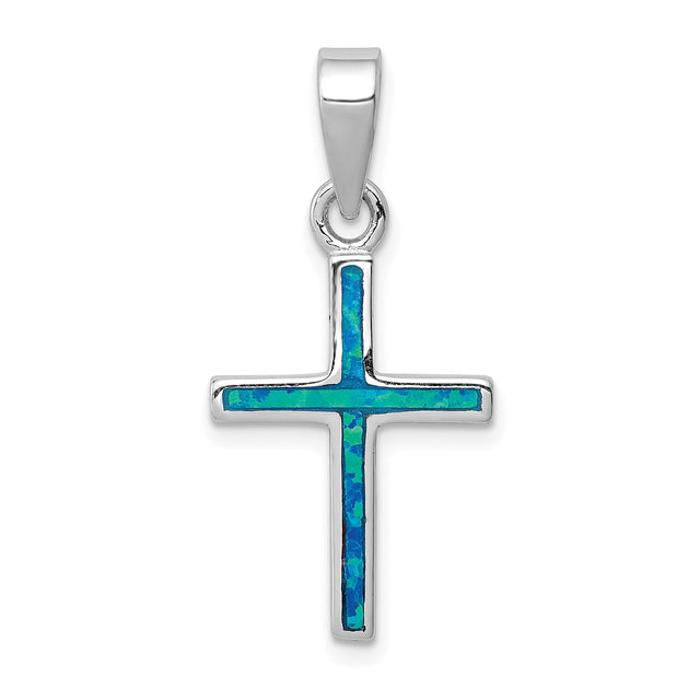 Sterling Silver Cross Pendant with Blue Green Lab Created Opal Inlay, Sleek Spiritual Design