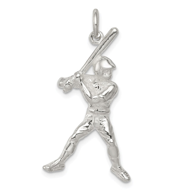 Sterling Silver Baseball Player Pendant with Batter in Motion, Athletic Sports Charm for Men or Boys