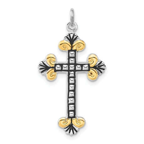 Sterling Silver Cross Pendant with Vermeil Gold, Fleur de Lis, and Baroque Vintage Style