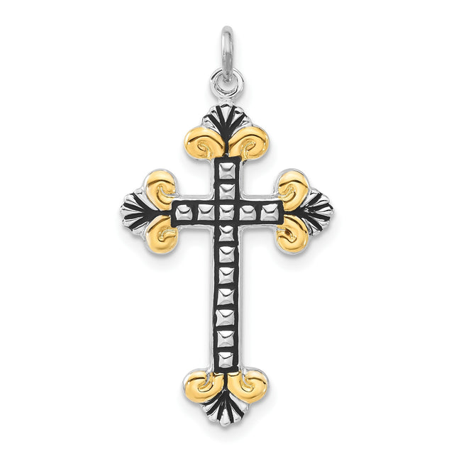 Sterling Silver Cross Pendant with Vermeil Gold, Fleur de Lis, and Baroque Vintage Style