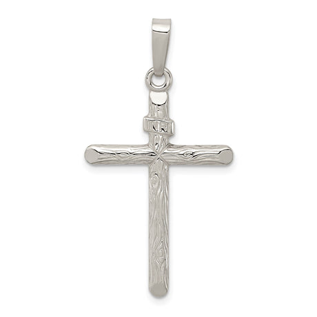 Sterling Silver Textured Woodgrain Cross Pendant with INRI Detail, Religious Charm for Men and Women