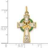 Sterling Silver Celtic Cross Pendant with Green Enamel Inlay and Halo Accents