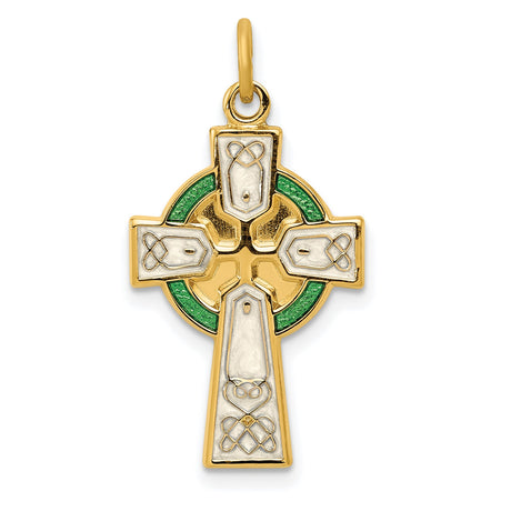Sterling Silver Celtic Cross Pendant with Green Enamel Inlay and Halo Accents