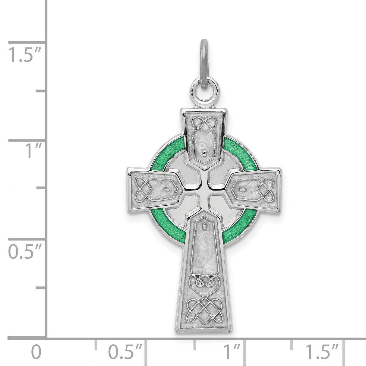 Sterling Silver Celtic Cross Pendant with Green Epoxy Accents and Knotwork Design