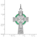 Sterling Silver Celtic Cross Pendant with Green Epoxy Accents and Knotwork Design