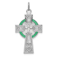 Sterling Silver Celtic Cross Pendant with Green Epoxy Accents and Knotwork Design
