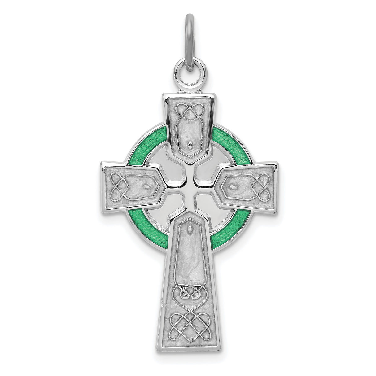 Sterling Silver Celtic Cross Pendant with Green Epoxy Accents and Knotwork Design