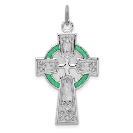 Sterling Silver Celtic Cross Pendant with Green Epoxy Accents and Knotwork Design