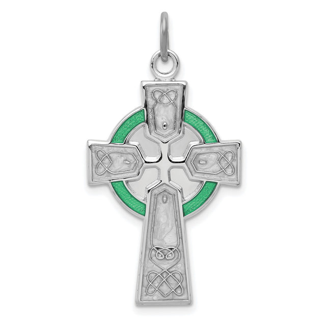 Sterling Silver Celtic Cross Pendant with Green Epoxy Accents and Knotwork Design