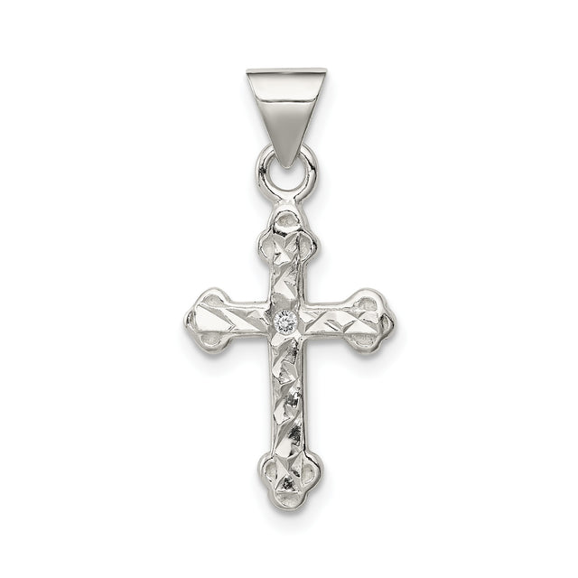 Sterling Silver Cross Pendant with Cubic Zirconia Accents, Beveled Texture, Unisex Religious Jewelry