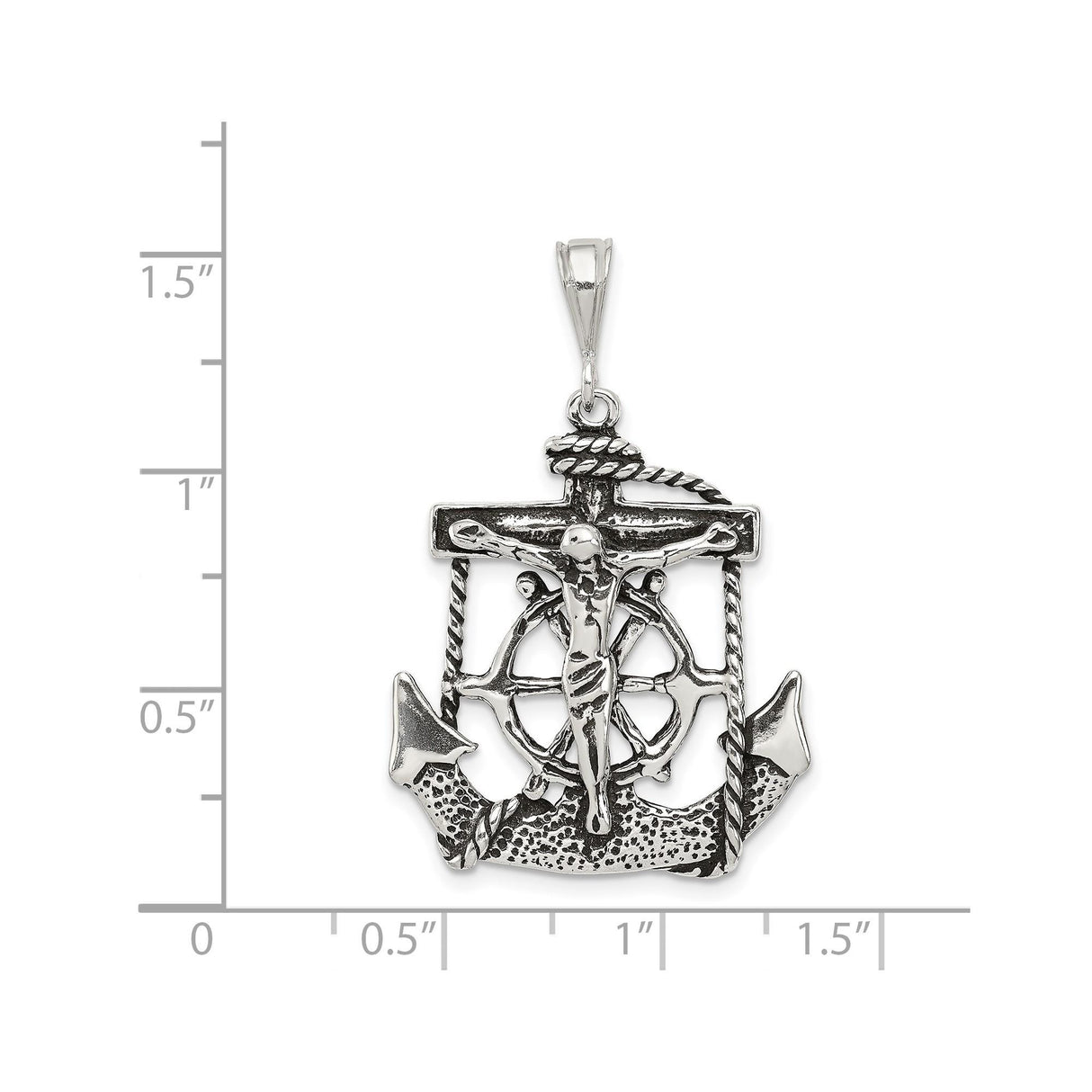 Sterling Silver Crucifix Pendant with Anchor, Rope, and Ship Wheel Nautical Design