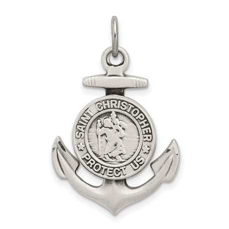 Saint Christopher Protect Us Words Anchor Shaped Charm Pendant in Real 925 Sterling Silver