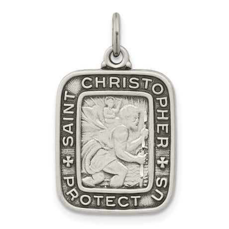 Antiqued Square Saint Christopher Protect Us Charm Pendant in Real 925 Sterling Silver