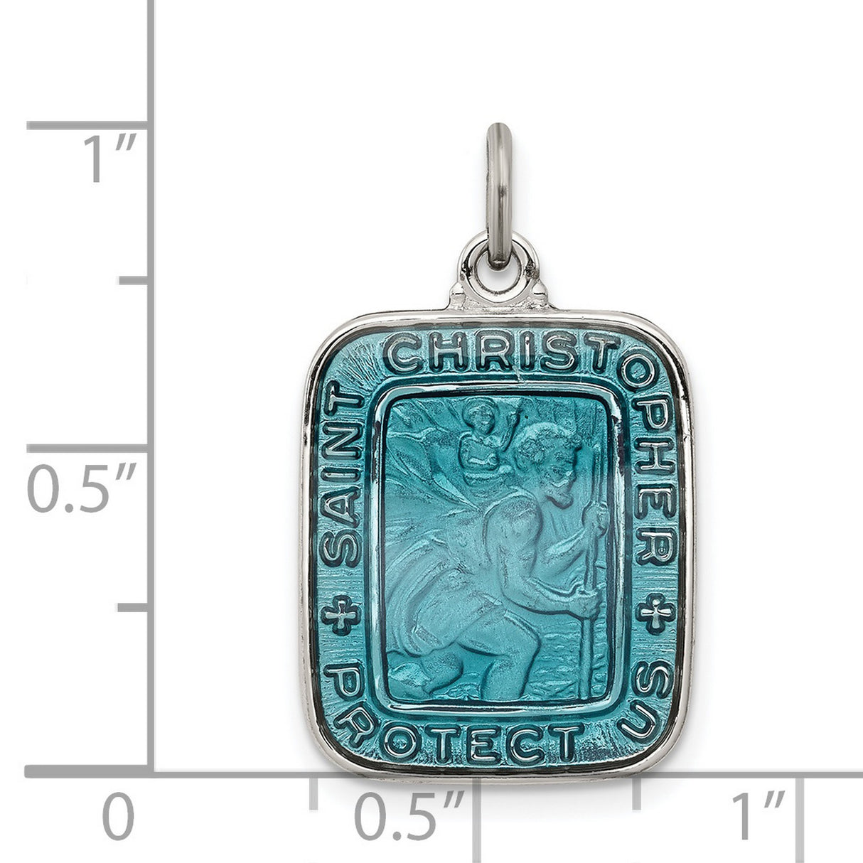 Blue Square Saint Christopher Protect Us Charm Pendant in Real 925 Sterling Silver