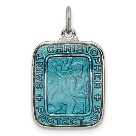 Blue Square Saint Christopher Protect Us Charm Pendant in Real 925 Sterling Silver