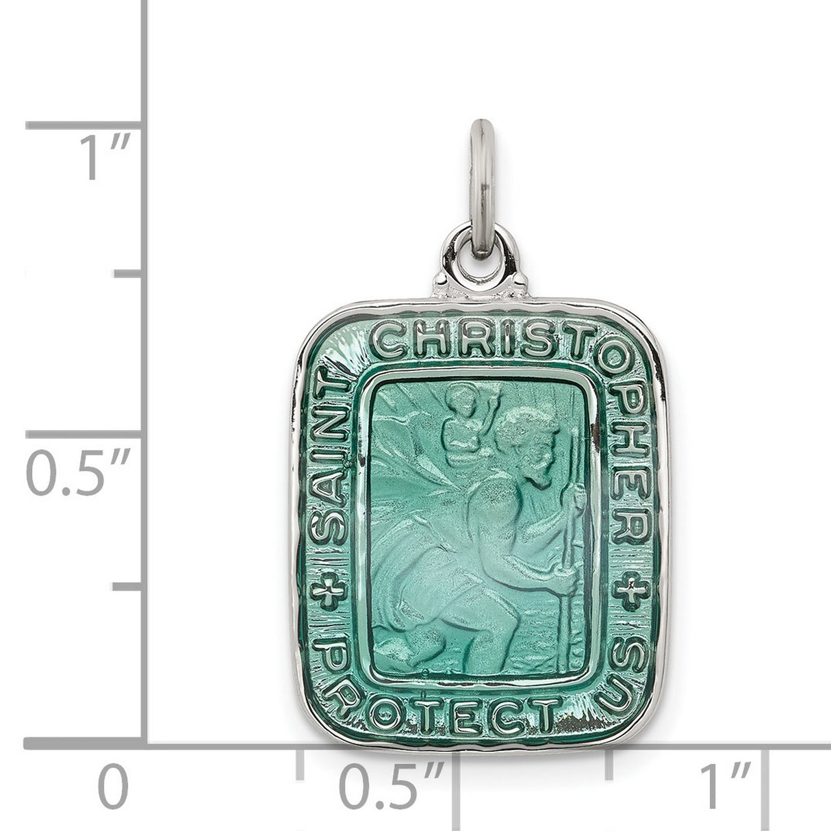 Teal Green Square Saint Christopher Protect Us Charm Pendant in Real 925 Sterling Silver