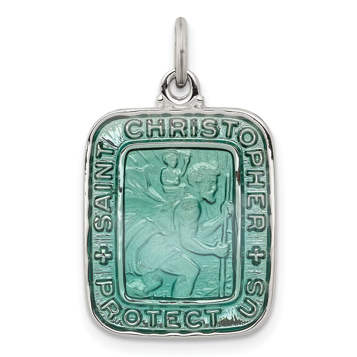 Teal Green Square Saint Christopher Protect Us Charm Pendant in Real 925 Sterling Silver