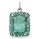 Teal Green Square Saint Christopher Protect Us Charm Pendant in Real 925 Sterling Silver