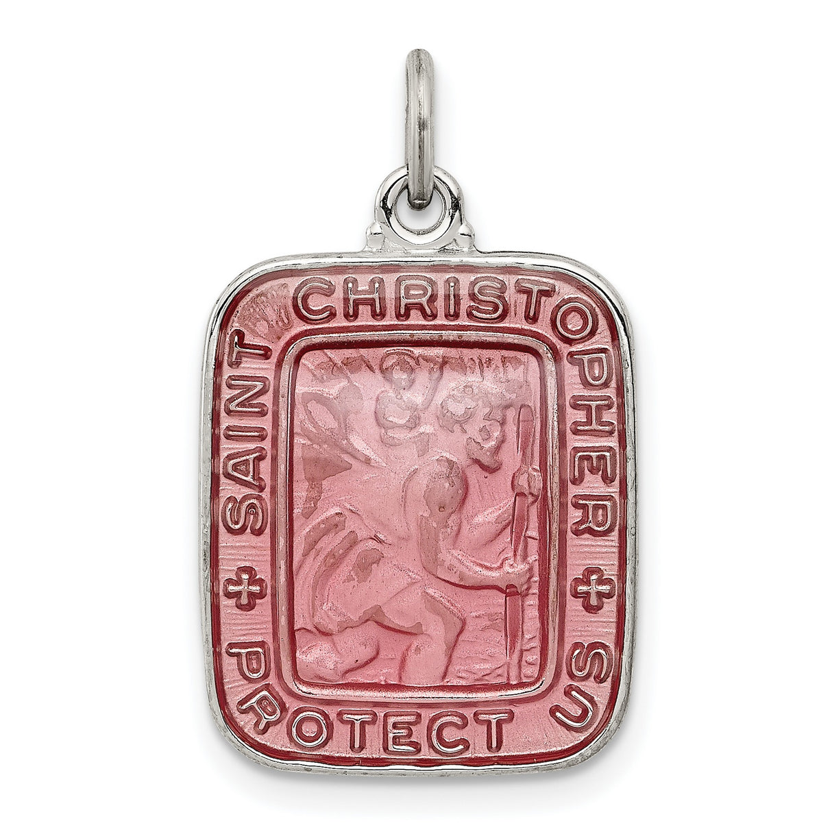 Rose Pink Square Saint Christopher Protect Us Charm Pendant in Real 925 Sterling Silver