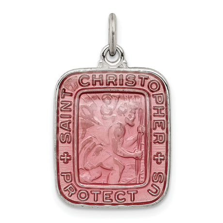 Rose Pink Square Saint Christopher Protect Us Charm Pendant in Real 925 Sterling Silver