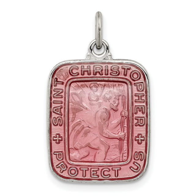 Rose Pink Square Saint Christopher Protect Us Charm Pendant in Real 925 Sterling Silver