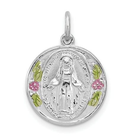 Sterling Silver Miraculous Medal Pendant with Pink and Green Enamel Flowers