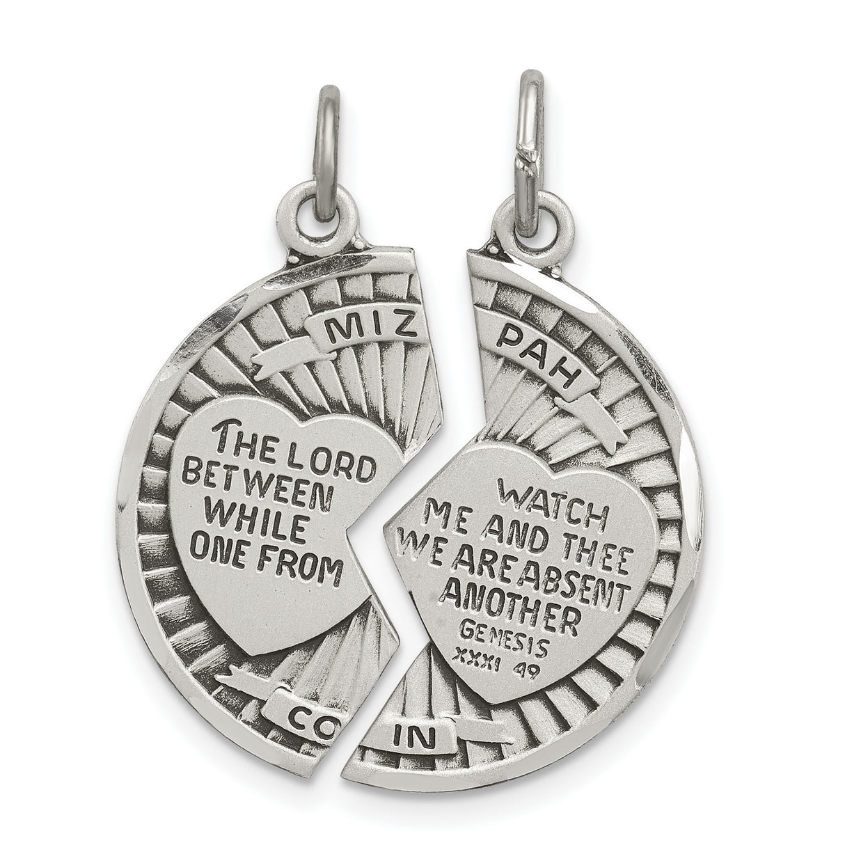 Break Apart Mizpah Coin with Emotional Bond Words Charm Pendant in Real 925 Sterling Silver