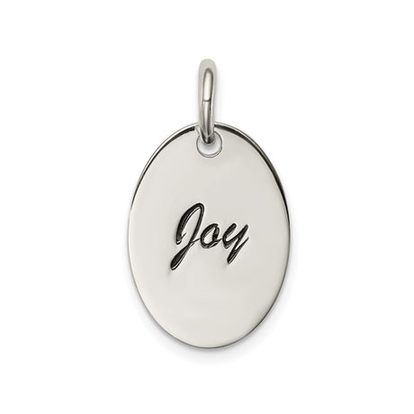 Sterling Silver Joy Pendant, Minimalist Oval Word Charm, Inspirational Jewelry for Women or Unisex