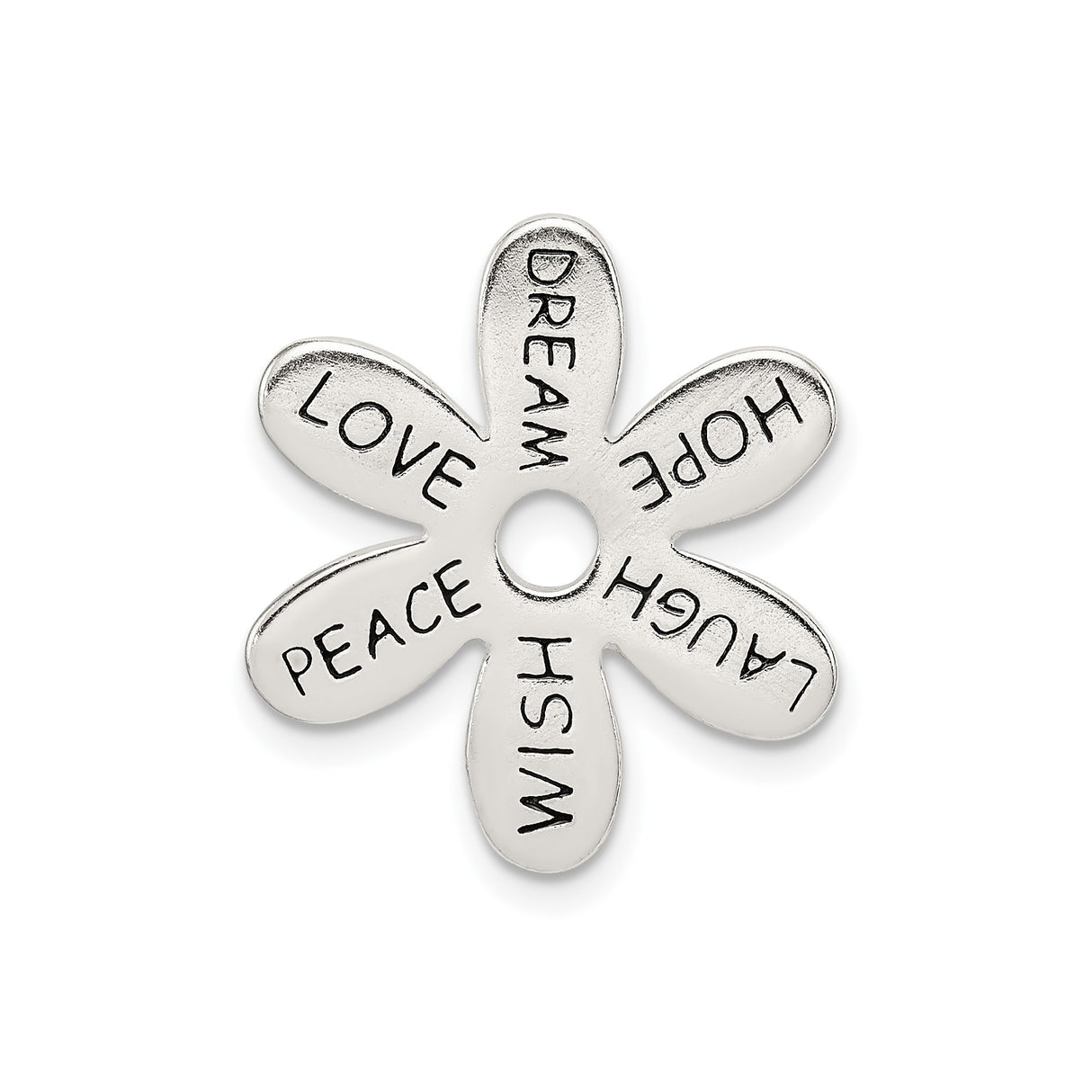 Sterling Silver Flower Pendant with Love, Peace, Hope, Wish, Dream, and Laugh Words for Women
