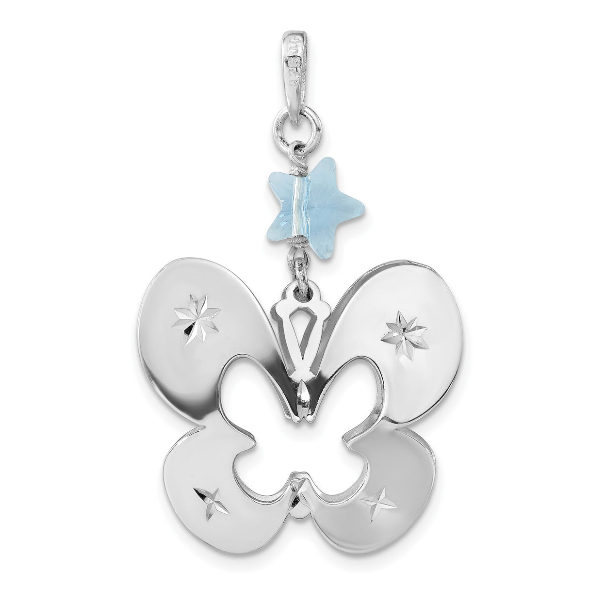 Sterling Silver Butterfly Pendant with Starburst Cutout and Blue Glass Star Accent
