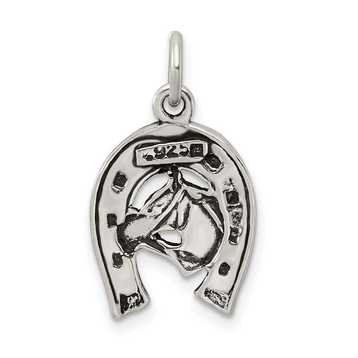 Antiqued Horse Shoe Horse Charm Pendant in Real 925 Sterling Silver