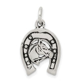 Antiqued Horse Shoe Horse Charm Pendant in Real 925 Sterling Silver