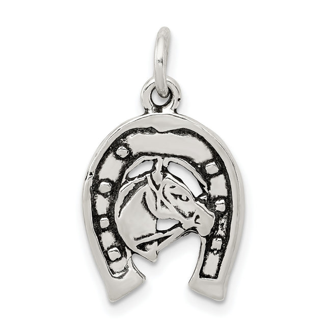 Antiqued Horse Shoe Horse Charm Pendant in Real 925 Sterling Silver