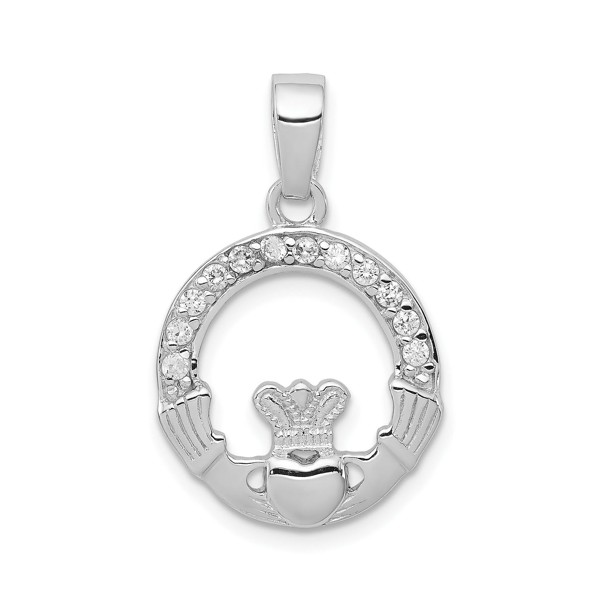 Sterling Silver Claddagh Pendant with Cubic Zirconia, Heart Crown and Hands Design