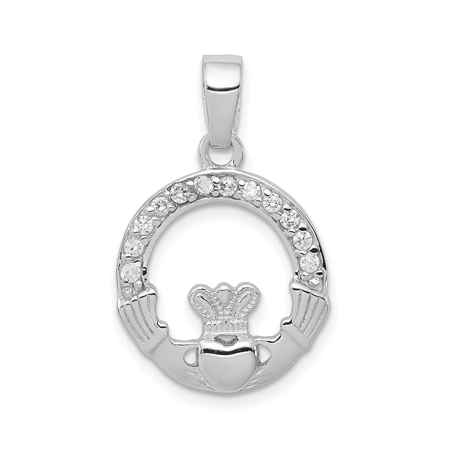 Sterling Silver Claddagh Pendant with Cubic Zirconia, Heart Crown and Hands Design