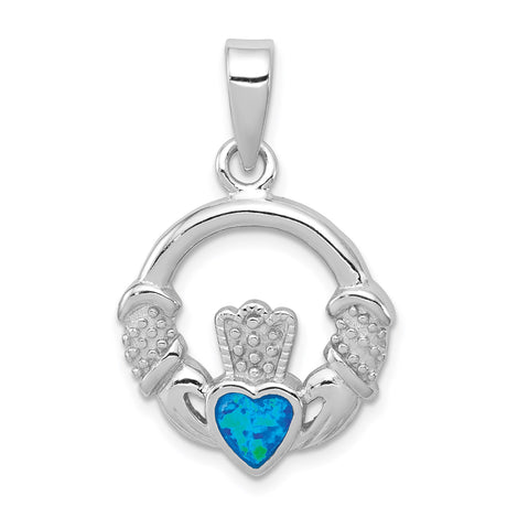 Sterling Silver Claddagh Pendant with Lab Created Blue Opal Heart, Celtic Irish Symbol